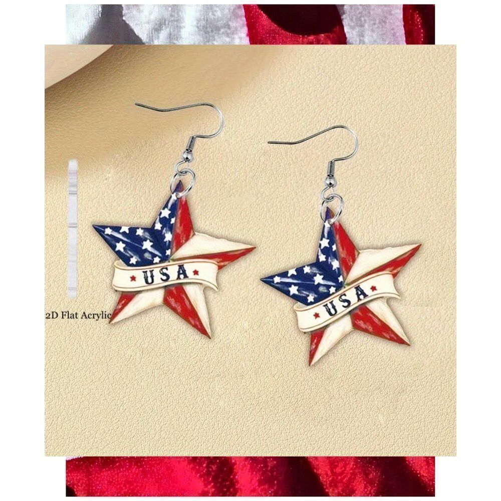 NWT Acrylic Star & Flag Earrings Lightweight Patriotic Fourth of July USA